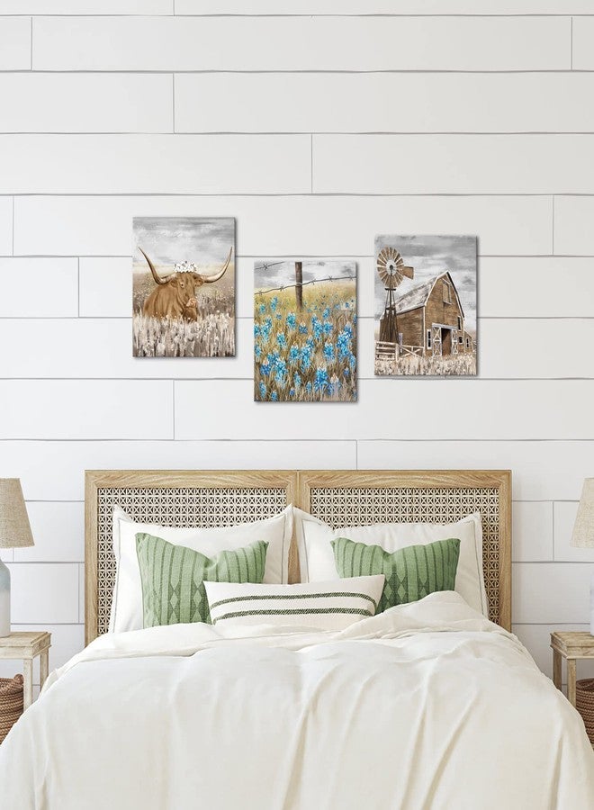 NutArtPic Farmhouse Canvas Art Farm Landscape Wall Art Longhorn Barn Texas Bluebonnet Picture Country Scene Artwork Painting for Home Decor 12''x12''x3pcs Framed - Image 3