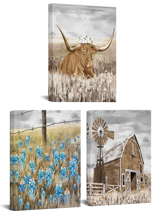 NutArtPic Farmhouse Canvas Art Farm Landscape Wall Art Longhorn Barn Texas Bluebonnet Picture Country Scene Artwork Painting for Home Decor 12''x12''x3pcs Framed - Image 1