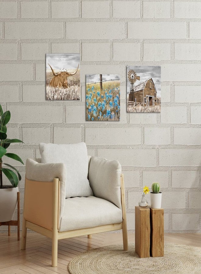 NutArtPic Farmhouse Canvas Art Farm Landscape Wall Art Longhorn Barn Texas Bluebonnet Picture Country Scene Artwork Painting for Home Decor 12''x12''x3pcs Framed - Image 5