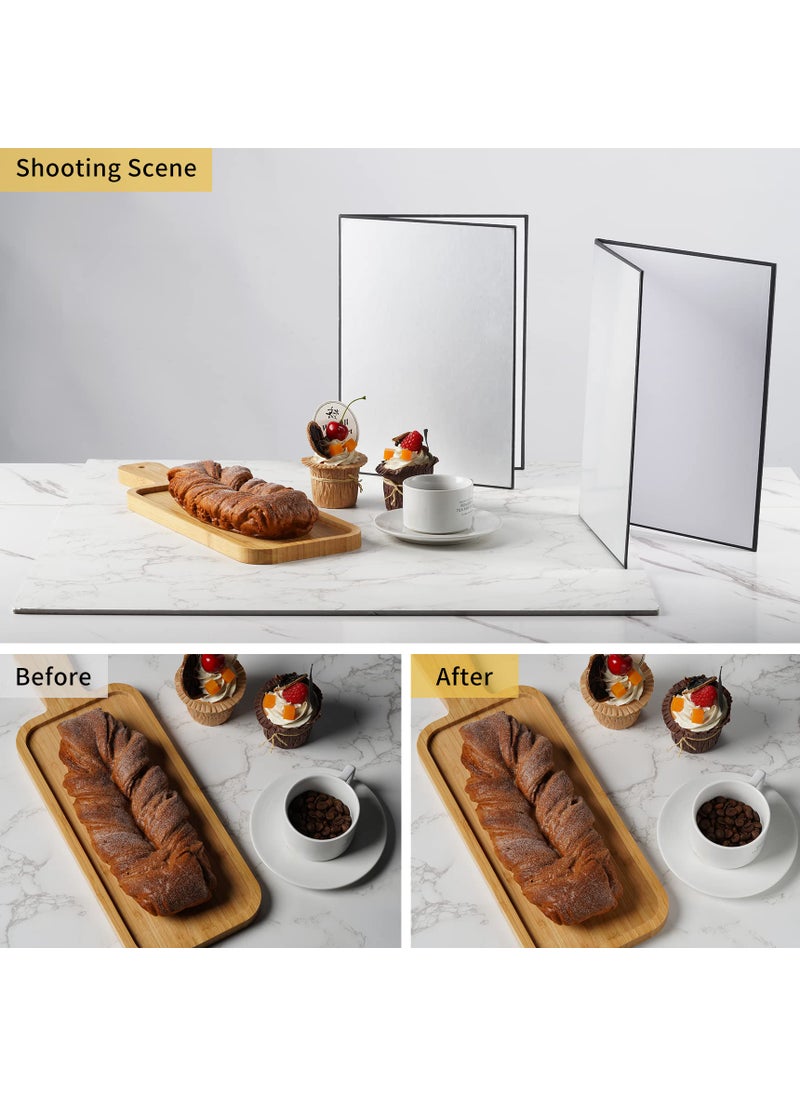 Meking Meking 3 in 1 Photography Reflector Cardboard, 12 x 8 inch Folding Light Diffuser Board for Still Life, Product and Food Photo Shooting - Black, Silver and White, 2 Pack  - Image 3