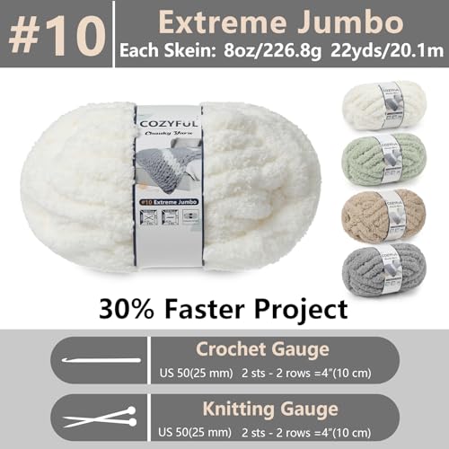Cozyful Chunky Yarn for Hand Knitting - #10 Chunky Chenille Yarn, Jumbo Big Thick Chunky Yarns for Crocheting, Super Bulky Chunky Knit Blanket Yarns, 8 Skein (22yd, 8oz/Skein), Cream&Sage&Khaki&Grey - Image 2