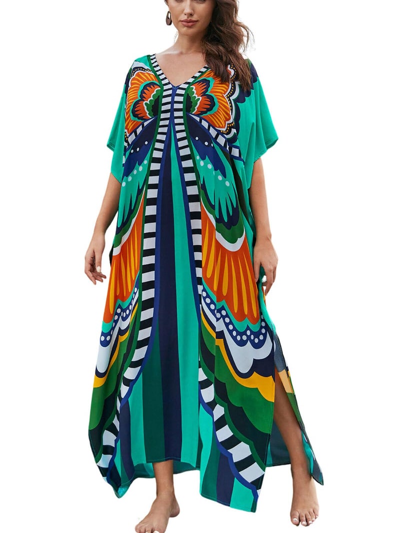 IMAGEKOPE Women's Plus Size Loose Fit Moroccan Print V-Neck Batwing Kaftan Beach Dress Bathing Suit Cover Up - Image 1