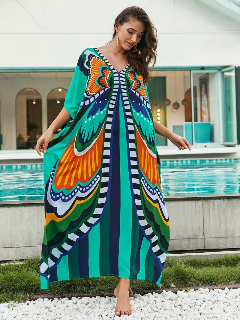IMAGEKOPE Women's Plus Size Loose Fit Moroccan Print V-Neck Batwing Kaftan Beach Dress Bathing Suit Cover Up - Image 2
