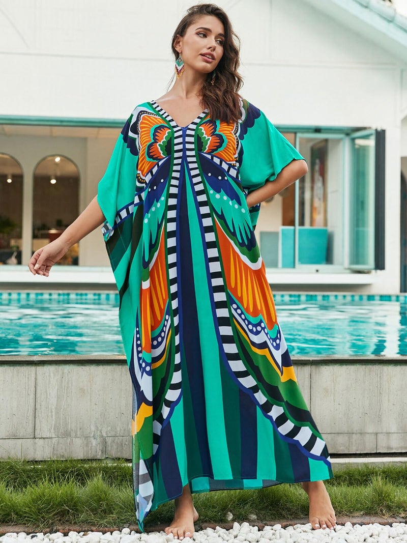 IMAGEKOPE Women's Plus Size Loose Fit Moroccan Print V-Neck Batwing Kaftan Beach Dress Bathing Suit Cover Up - Image 4