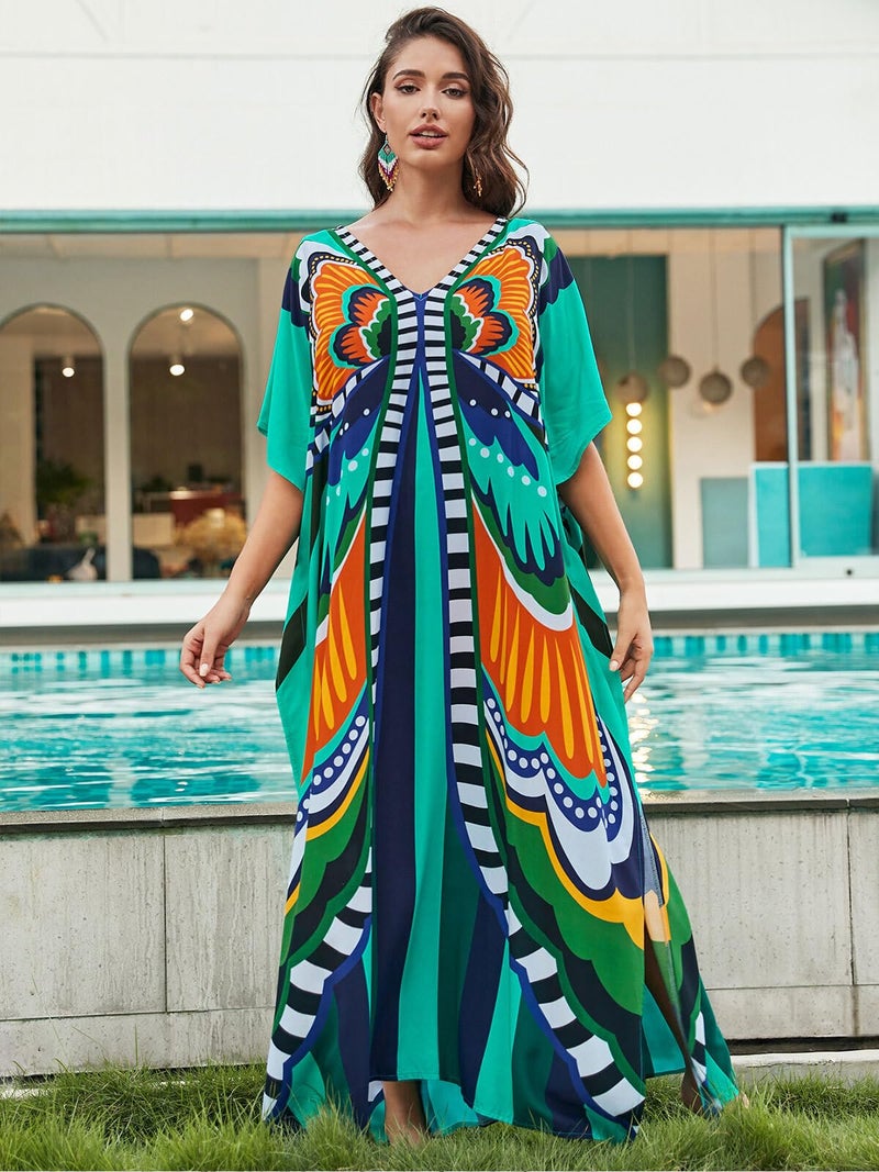 IMAGEKOPE Women's Plus Size Loose Fit Moroccan Print V-Neck Batwing Kaftan Beach Dress Bathing Suit Cover Up - Image 3