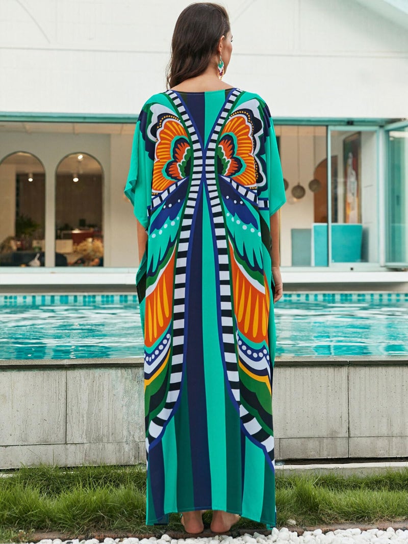 IMAGEKOPE Women's Plus Size Loose Fit Moroccan Print V-Neck Batwing Kaftan Beach Dress Bathing Suit Cover Up - Image 5