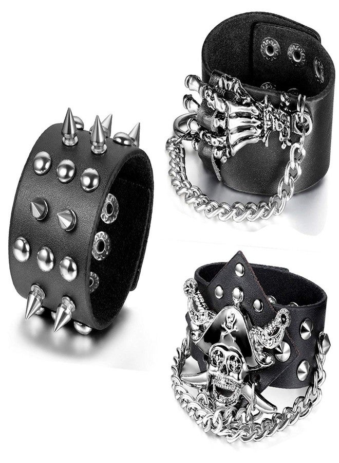 Aroncent 3PCS Spike Studded Bracelet Rock Biker Wide Strap Bracelet Set Adjustable Spiked Leather Cuff Bracelet Goth Punk Accessories Valentines Day Halloween for Men Women - Image 1
