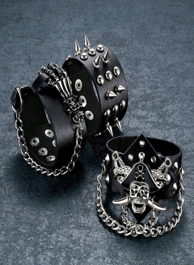Aroncent 3PCS Spike Studded Bracelet Rock Biker Wide Strap Bracelet Set Adjustable Spiked Leather Cuff Bracelet Goth Punk Accessories Valentines Day Halloween for Men Women - Image 2