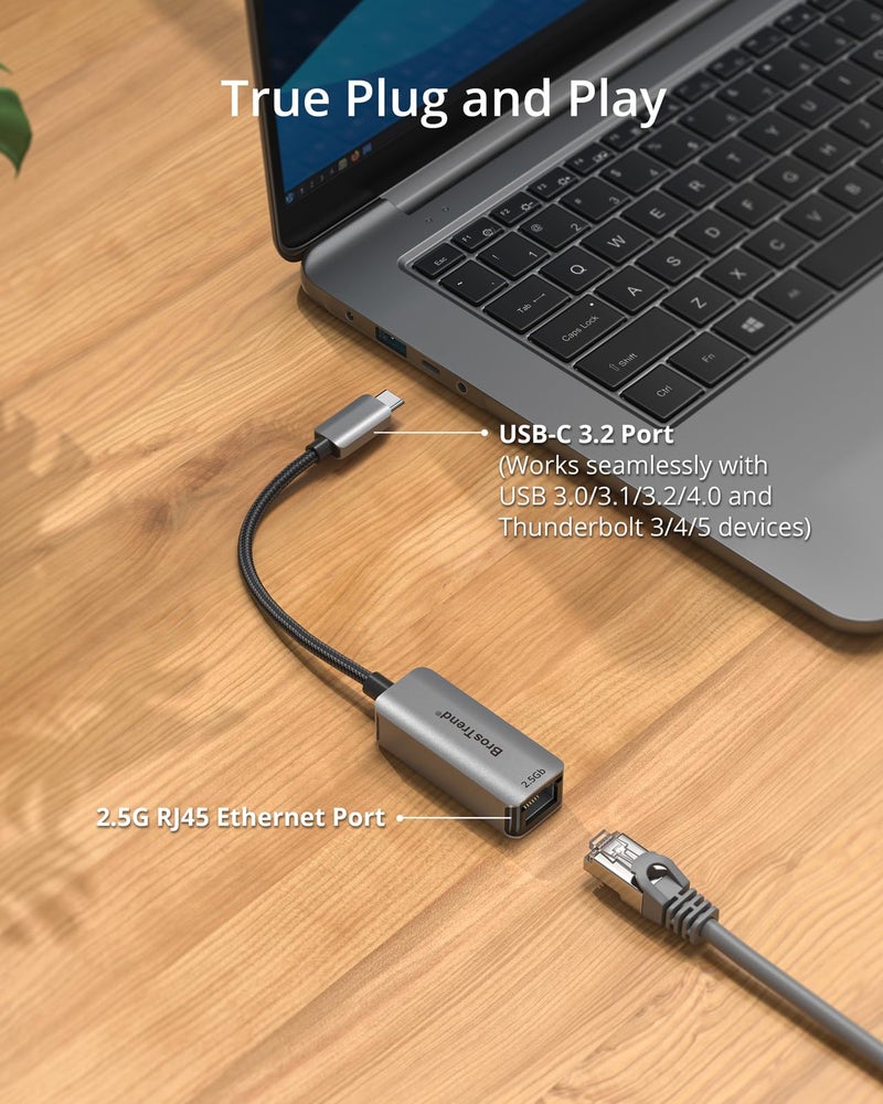 BrosTrend 2.5Gb USB C to Ethernet Adapter, Plug & Play 2.5 Gigabit USB to RJ45 (Thunderbolt Compatible) for Laptop MacBook iPad iPhone, Type C Network Adapter for Windows iOS MacOS Lifetime Protection - Image 3