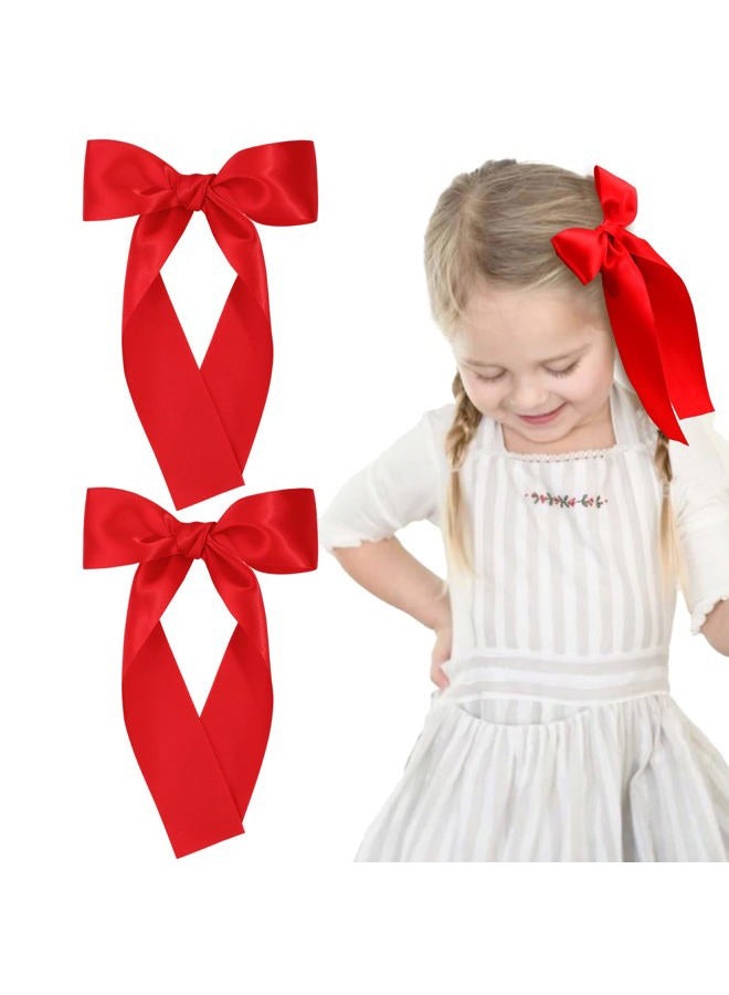 NCMAMA 2Pcs Long Ribbon Hair Bows for Girls Hair Clip Silk Hair Bow Ribbon Hair Accessories for Baby Toddlers Infant Teens Kids (Red) - Image 1