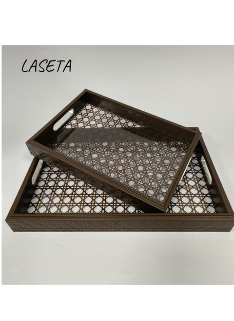 2PCS With a plaid pattern Acrylic Tray with Bamboo Handles, Decorative Serving Tray for Coffee Table, Tea, 2torage Rectangular