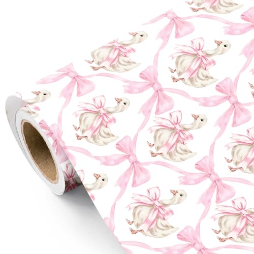 WRAPAHOLIC Silly Goose Easter Wrapping Paper Roll 17 Inch x 165 Feet Cute Silly Goose and Pink Bow Wrapping Paper Perfect for Easter Spring Baby Shower Girls Birthday - Image 1