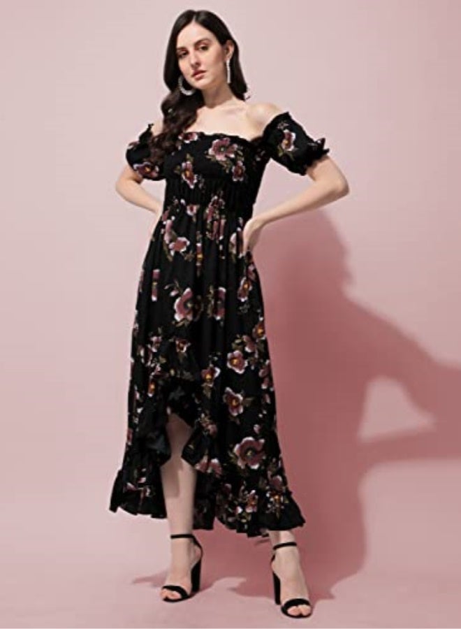 Oomph! Flared Dress for Women Stylish | Long One Piece for Women | Off Shoulder Puff Sleeve Long Dress | Floral Print Maxi One Piece | Western & Fusion wear Bohemian Style Black - Image 2