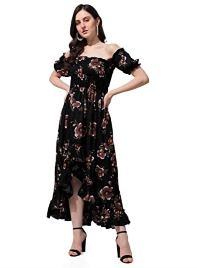 Oomph! Flared Dress for Women Stylish | Long One Piece for Women | Off Shoulder Puff Sleeve Long Dress | Floral Print Maxi One Piece | Western & Fusion wear Bohemian Style Black - Image 1