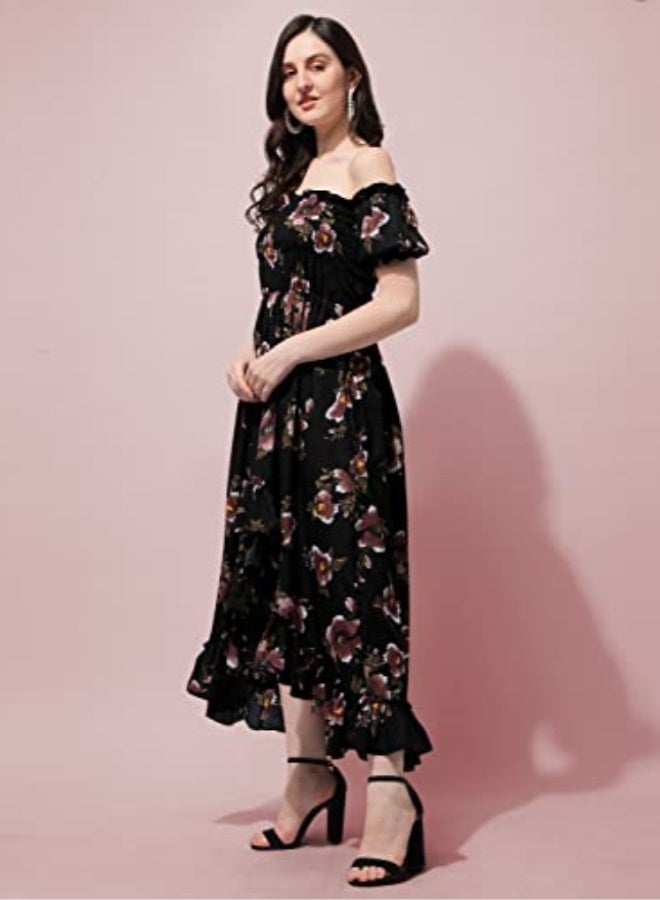 Oomph! Flared Dress for Women Stylish | Long One Piece for Women | Off Shoulder Puff Sleeve Long Dress | Floral Print Maxi One Piece | Western & Fusion wear Bohemian Style Black - Image 3