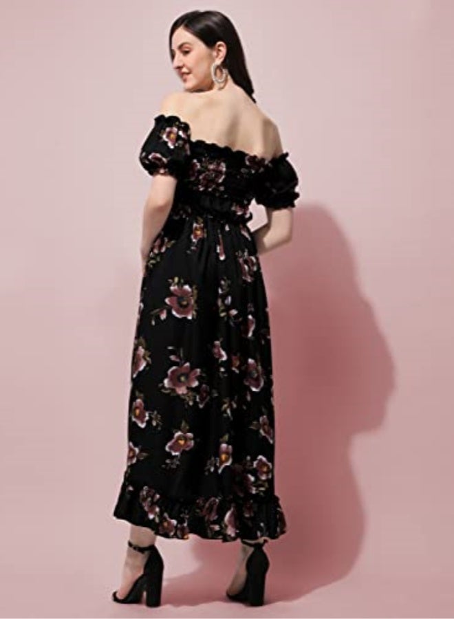 Oomph! Flared Dress for Women Stylish | Long One Piece for Women | Off Shoulder Puff Sleeve Long Dress | Floral Print Maxi One Piece | Western & Fusion wear Bohemian Style Black - Image 5
