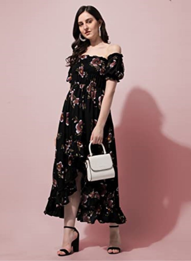 Oomph! Flared Dress for Women Stylish | Long One Piece for Women | Off Shoulder Puff Sleeve Long Dress | Floral Print Maxi One Piece | Western & Fusion wear Bohemian Style Black - Image 4