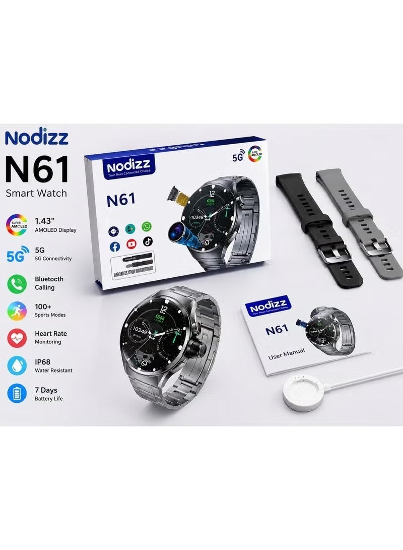 nodizz ساعة N61 الذكية مع شاشة HD كبيرة، تصميم مقاوم للماء، دعم SIM، كاميرا أمامية، وظيفة مكالمات فيديو، وصول إلى متجر التطبيقات، توافق مع أندرويد، عمر بطارية طويل - فضي - Image 3