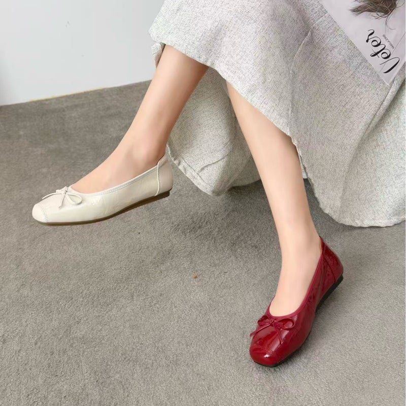 Women's Leather Ballet Flat with Bow, Square Toe, Soft Sole, Slip-On, Plus Size - Image 5