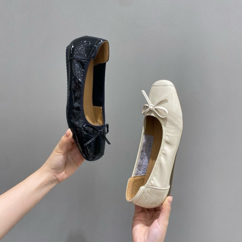 Women's Leather Ballet Flat with Bow, Square Toe, Soft Sole, Slip-On, Plus Size - Image 1