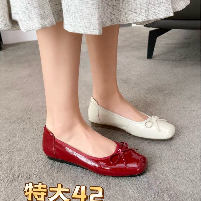 Women's Leather Ballet Flat with Bow, Square Toe, Soft Sole, Slip-On, Plus Size - Image 3