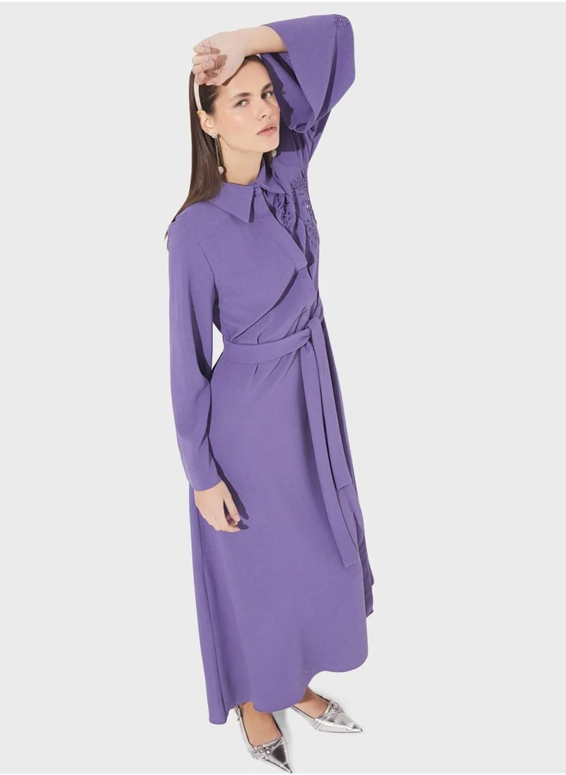 JUNE Embroidered Belted Maxi Dress