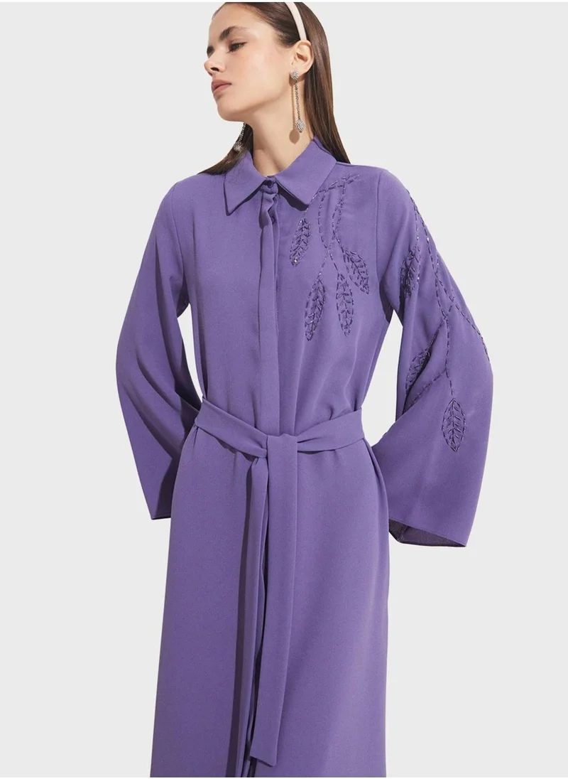 JUNE Embroidered Belted Maxi Dress