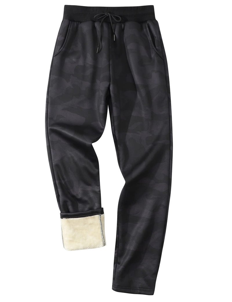 Gihuo Men's Winter Fleece Pants Sherpa Lined Sweatpants Straight Leg Running Camo Print Jogger Pants(2#BlackCamo-L) - Image 1