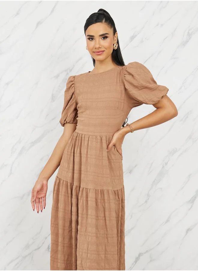 ستايلي Textured Puff Sleeves Tiered Maxi Dress