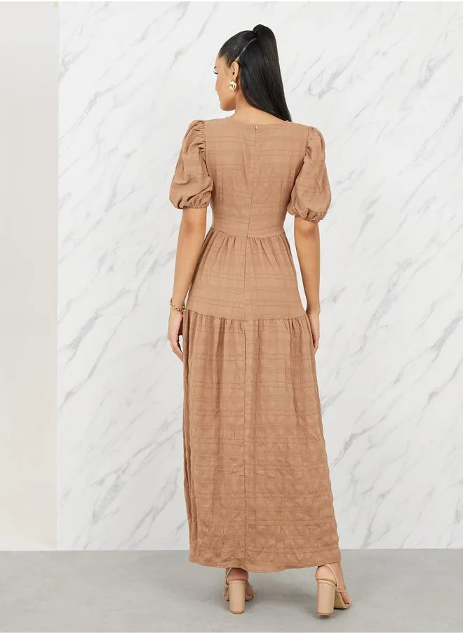 Styli Textured Puff Sleeves Tiered Maxi Dress
