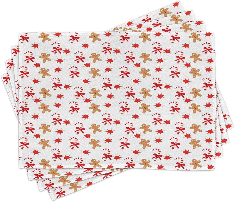Ambesonne Gingerbread Man Place Mats Set of 8 Candy Cane Bowties Red Star Christmas Cookie Pattern Washable Fabric Placemats for Dining Table Placemat 8 pcs Sand Brown Orange - Image 1