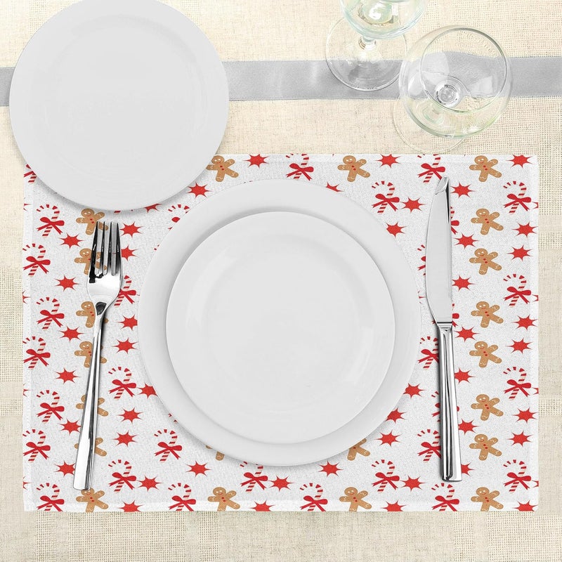 Ambesonne Gingerbread Man Place Mats Set of 8 Candy Cane Bowties Red Star Christmas Cookie Pattern Washable Fabric Placemats for Dining Table Placemat 8 pcs Sand Brown Orange - Image 4
