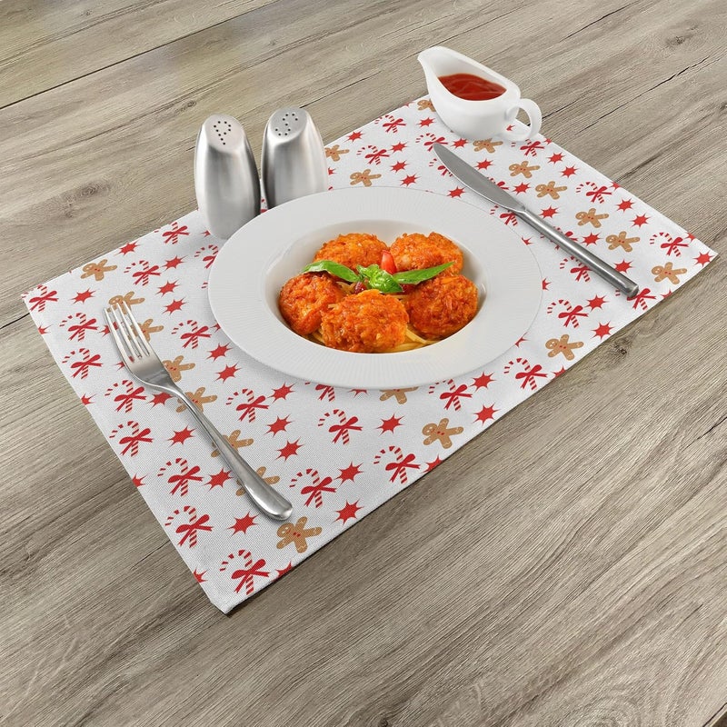 Ambesonne Gingerbread Man Place Mats Set of 8 Candy Cane Bowties Red Star Christmas Cookie Pattern Washable Fabric Placemats for Dining Table Placemat 8 pcs Sand Brown Orange - Image 3