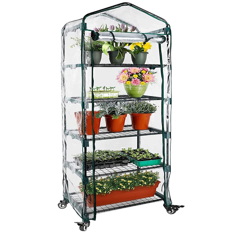 Worth Garden Upgraded 5-Tier Mini Greenhouse with Castors Wheels - Portable Small Gardening Green House with PVC Cover - Heavy Duty Swivel Castors with Brakes - 76''H x 27''L x 19''W Indoor & Outdoor - Image 1