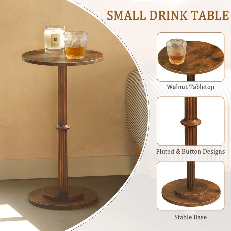MaxSmeo Drink Table, Small Side Table for Small Spaces, Modern Round End Table with Fluted Wood Leg, Rustic Brown - Image 3