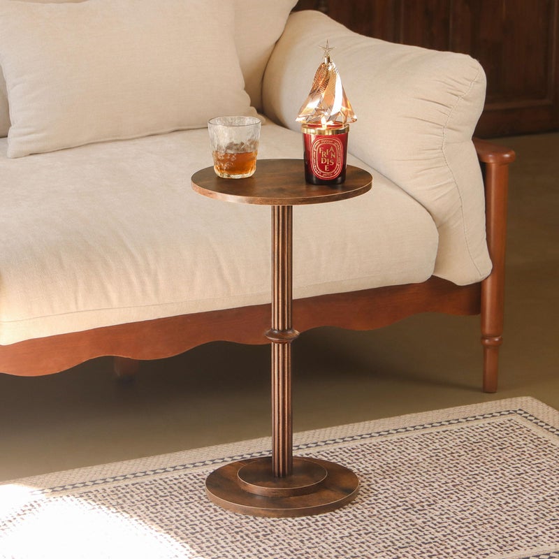 MaxSmeo Drink Table, Small Side Table for Small Spaces, Modern Round End Table with Fluted Wood Leg, Rustic Brown - Image 2