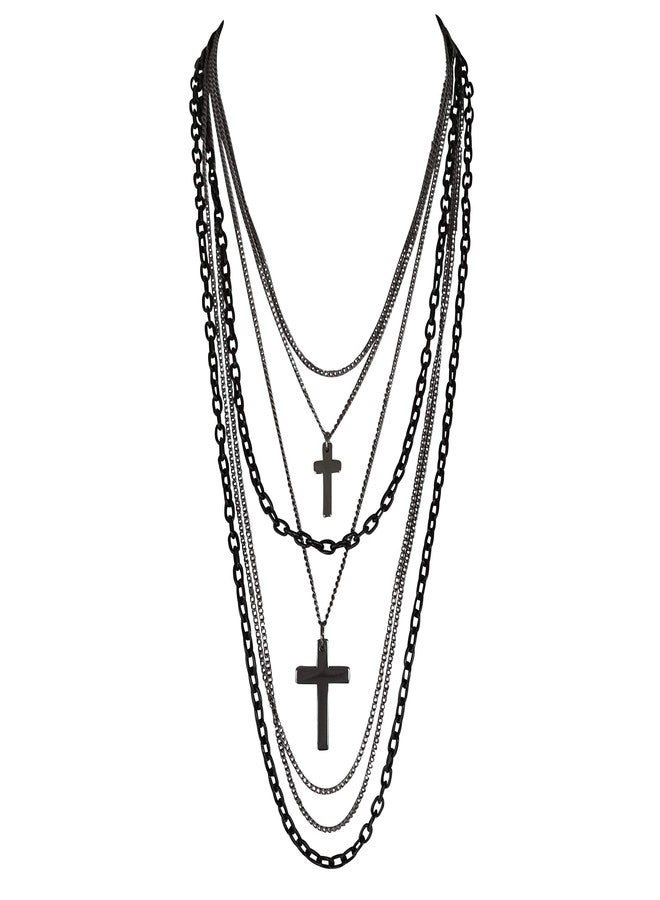 DragonWeave Jewelry Deluxe Gothic Crosses Retro 80 Madonna Multilayer Black & Gunmetal Chain Long Multi Strand Necklace - Image 1