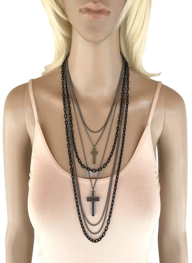 DragonWeave Jewelry Deluxe Gothic Crosses Retro 80 Madonna Multilayer Black & Gunmetal Chain Long Multi Strand Necklace - Image 2