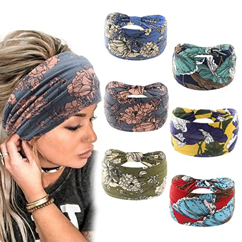 Yeshan Boho Bandeau headbands for Women Wide Bandana Knot Hair Scarf Floral Printed African Hair Bands Elastic Turban Thick Head Wraps Stretch Cotton Head Bands,Pack of 6 - Image 1
