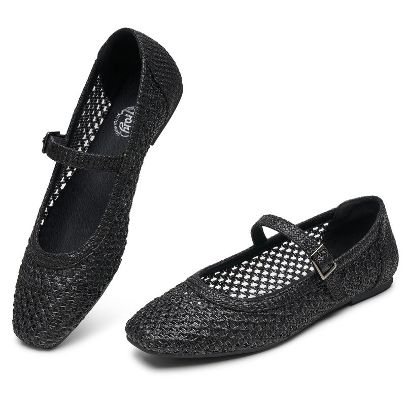 Trary Mary Jane Shoes Women Woven Black Flats for Women Black Ballet Flats Shoes Squared Toe Mary Jane Flats Ankle Strap Dressy Comfortable Womens Flats Black Dress Shoe Size 9
