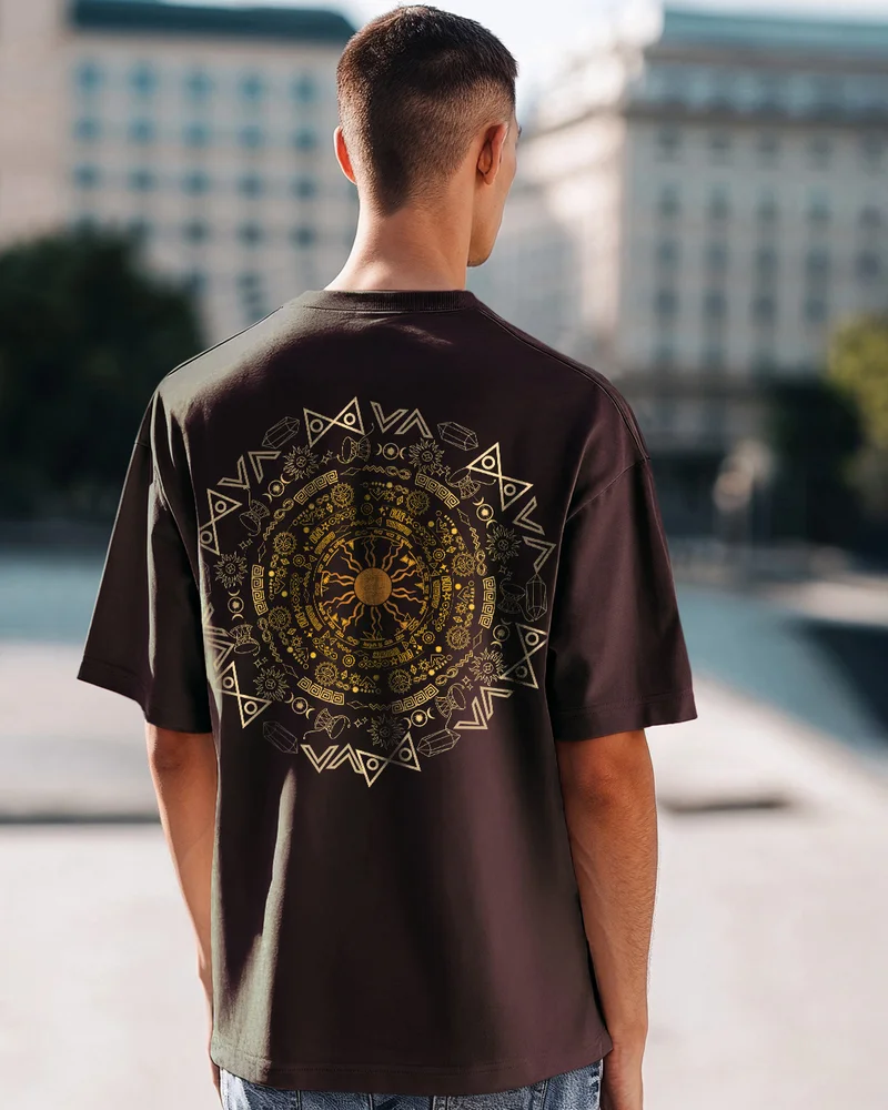 بيواكوف Men's Chocolate Brown Creation and Existence Graphic Printed Oversized T-shirt