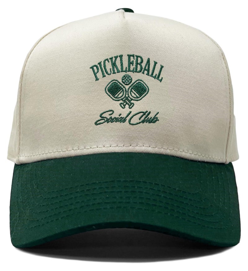 Funky Junque Pickleball Social Club Vintage Trucker Hat, Cute Two Tone Embroidered Baseball Cap for Women - Pickleball Social Club - Forest/Beige - Image 1