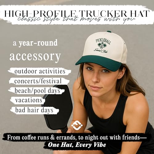 Funky Junque Pickleball Social Club Vintage Trucker Hat, Cute Two Tone Embroidered Baseball Cap for Women - Pickleball Social Club - Forest/Beige - Image 2