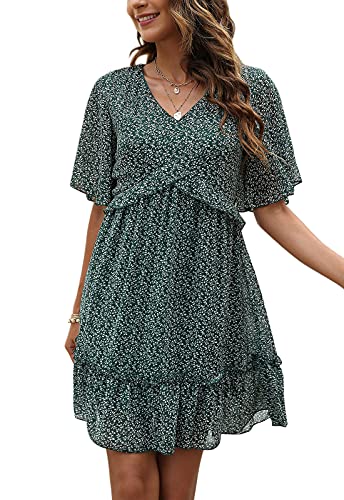 Manydress Women's Summer Floral Print V Neck Casual Mini Boho Ruffle Swing Dress MY068 (Olive Print, X-Large) - Image 3