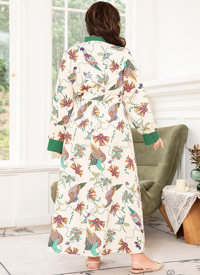FridayIn Elegant style Holiday style Lapel Flowers Plant Color contrast Belt Regular sleeve Plus Size Dresses Green - Image 2