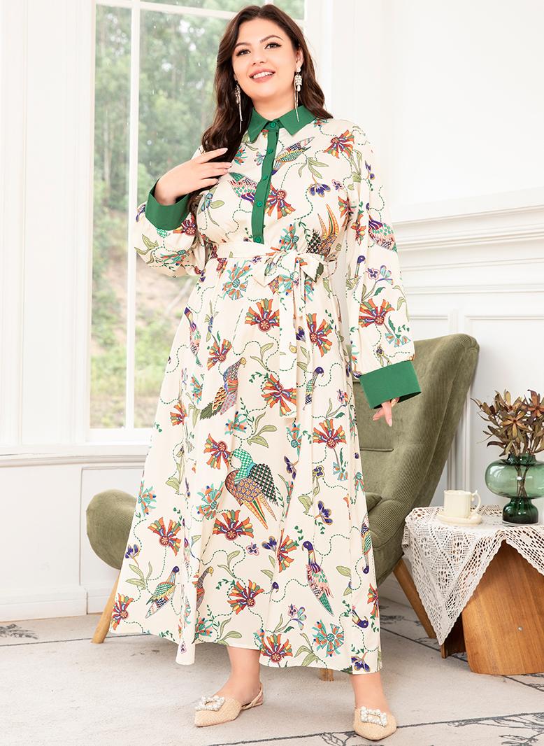 FridayIn Elegant style Holiday style Lapel Flowers Plant Color contrast Belt Regular sleeve Plus Size Dresses Green - Image 4