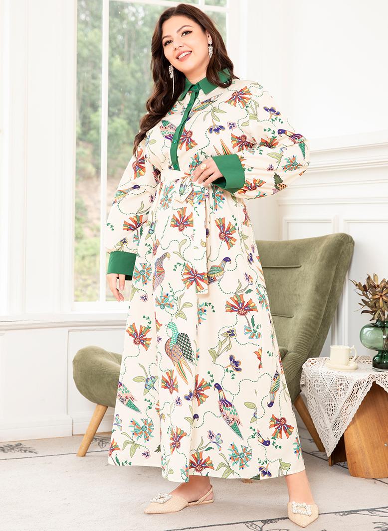 FridayIn Elegant style Holiday style Lapel Flowers Plant Color contrast Belt Regular sleeve Plus Size Dresses Green - Image 1
