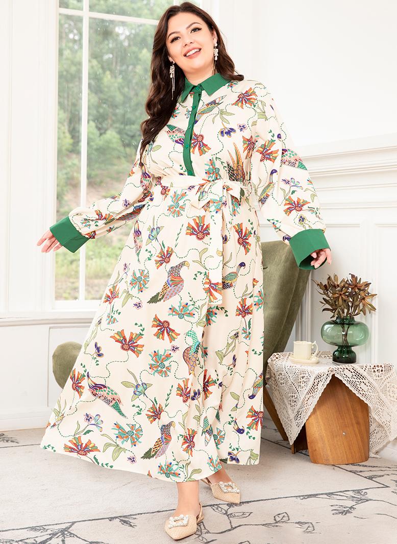 FridayIn Elegant style Holiday style Lapel Flowers Plant Color contrast Belt Regular sleeve Plus Size Dresses Green - Image 5