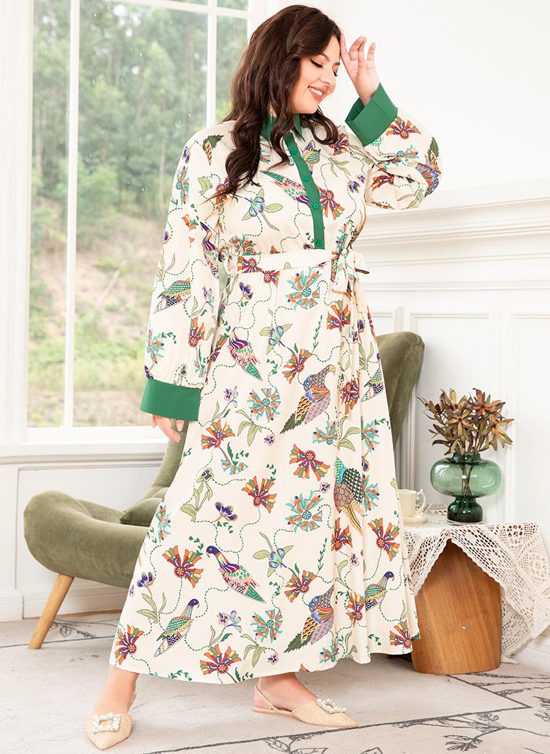 FridayIn Elegant style Holiday style Lapel Flowers Plant Color contrast Belt Regular sleeve Plus Size Dresses Green - Image 3