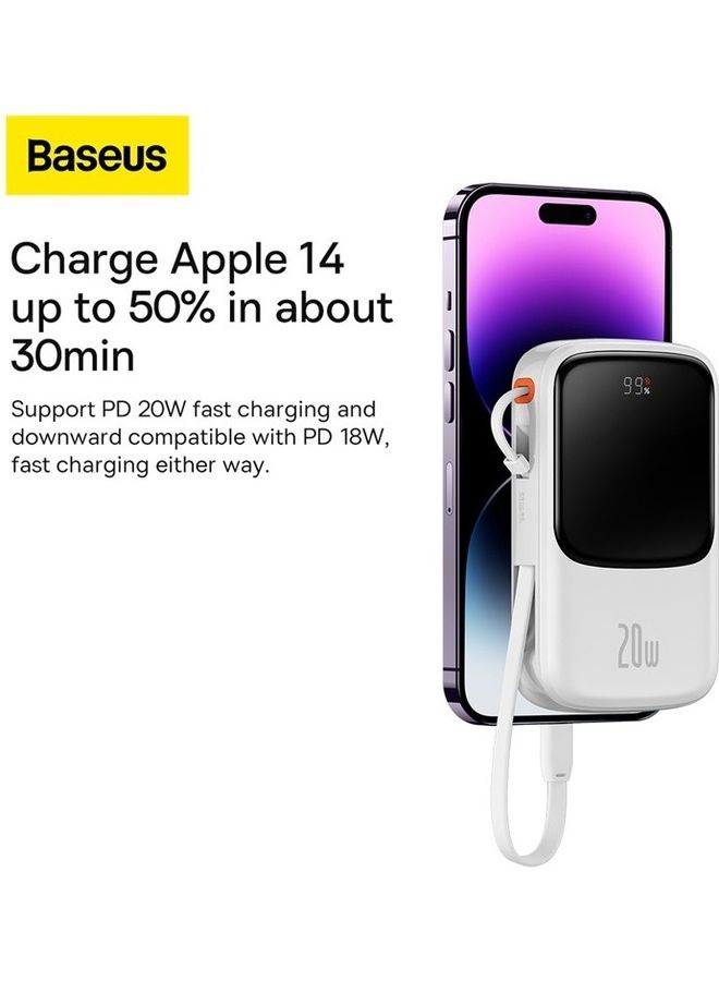 Baseus 10000 mAh 10000mAh Portable Charger 20W Fast Charging Power Bank PD3.0 QC4.0 High Speed Built In Lightning Cable With Digital Display For iPhone 14, 13,  12,  11 And Many More - White - Image 4